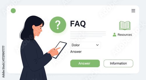 Woman interacts with an FAQ page on a tablet device for information access and support