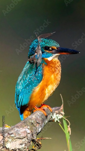 Kingfisher perched on branch with prey