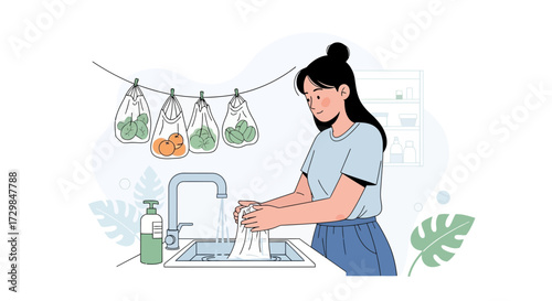 Woman washing reusable bag to reduce plastic waste and promote sustainable living illustrating