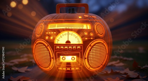 Glowing Boombox Pumpkin: Halloween Night Music on Autumn Leaves