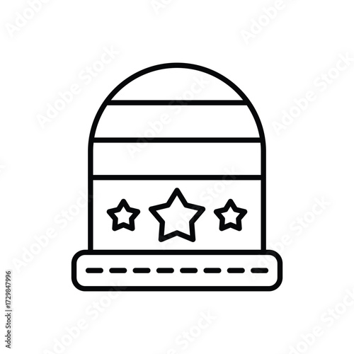 A black and white line drawing of a knit hat featuring stripes stars and a pompomlike section on the bottom