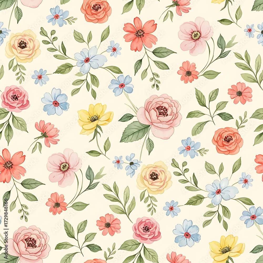 custom made wallpaper toronto digitalWatercolor floral and leaf pattern of hand-painted wildflowers and sprawling leaves,created for wallpaper and fabric, illuminated with diffused