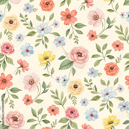 Wallpaper Mural Watercolor floral and leaf pattern of hand-painted wildflowers and sprawling leaves,created for wallpaper and fabric, illuminated with diffused Torontodigital.ca
