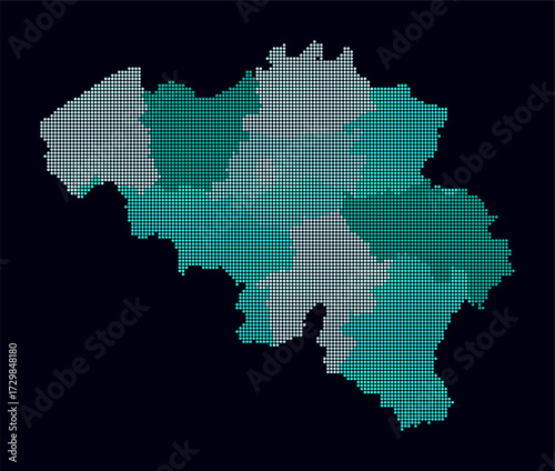 Belgium dotted map. Digital style map of the country on dark background. Belgium shape with circle dots. Colored dots style. Small size circles. Abstract vector illustration.