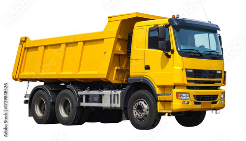 Vibrant yellow heavy-duty dump truck, a powerful industrial vehicle, poised for construction, excavation, and material transport, isolated on a clean white background
