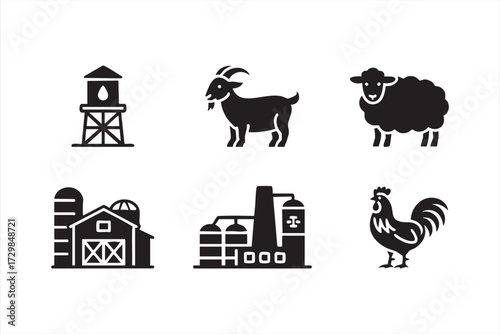 Collection of farm icons including goat, sheep, rooster, barn, silo, and water tower symbols representing livestock, agriculture, and rural countryside in black silhouette vector design