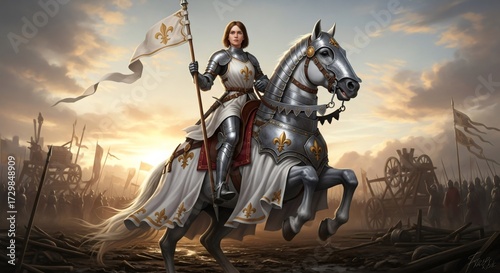Armored medieval knight on horseback leads troops, circa 1429, France