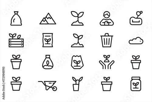Gardening outline icons pack including eco-friendly plants, pots, and soil cultivation illustrations