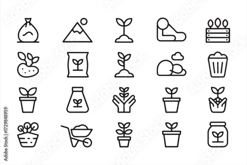 Plant growth and eco gardening icons set with seedlings, pots, soil, and nurturing hands symbols
