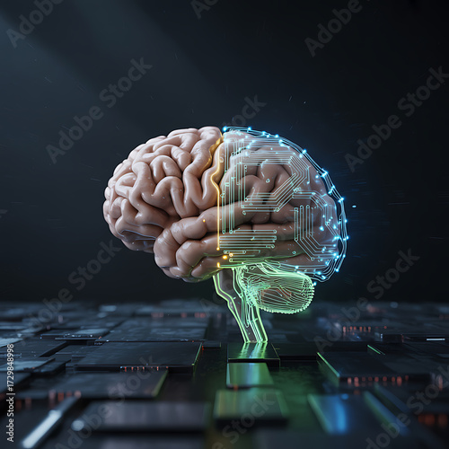 Digital brain with neural network overlay on futuristic technology