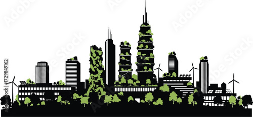Silhouette of a green city with trees and plants growing buildings, wind turbines and solar panels providing clean energy