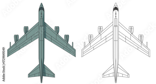 Set b-52 stratofortress bomber military aircraft design in line art and colored style from top view. Vector illustrations united states colorful fighter jet. Outline drawing modern usa combat aircraft