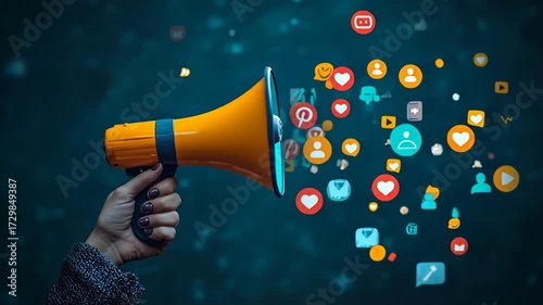 A hand holding a megaphone with social media icons floating out of it, representing digital marketing and social media influence.