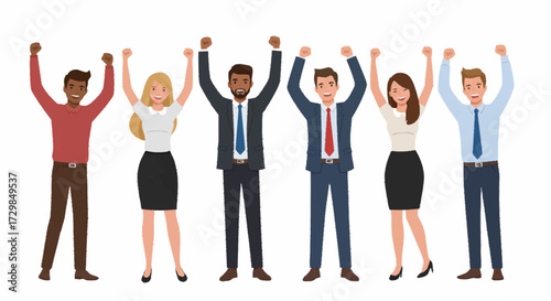 Diverse group of business professionals celebrating success, arms raised in triumph.