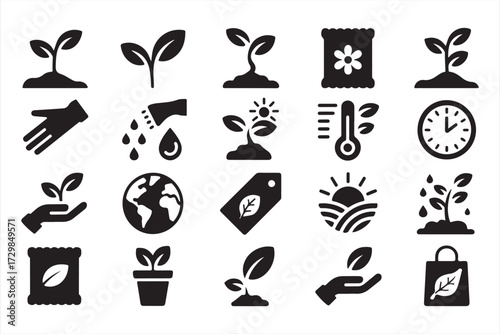 Gardening and eco icons pack with soil, sprout, seedling, and planting hand silhouettes