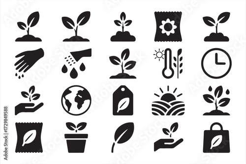 Vector agriculture icons collection featuring plant growth, eco sustainability, and nature designs