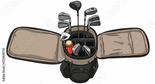 An overhead illustration of an open golf bag filled with a complete set of clubs and a beverage can.