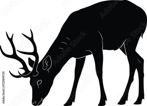 Black silhouette of a deer grazing peacefully, capturing serene beauty of wildlife in a minimalist monochrome style