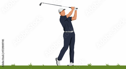 A male golfer in mid-swing, wearing a cap and dark attire, powerfully striking a golf ball on a grassy course.