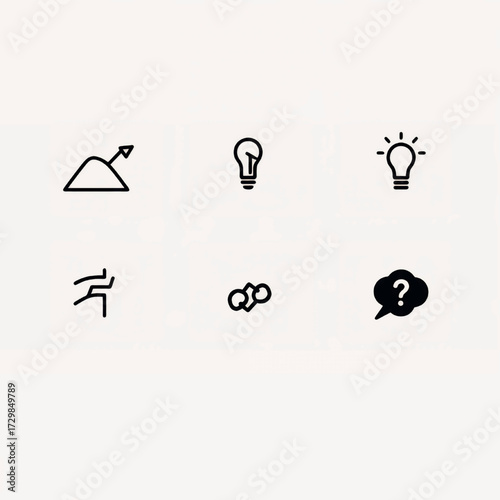 Set of six simple icons representing concepts like progress, innovation, ideas, and problem-solving for business and creative applications
