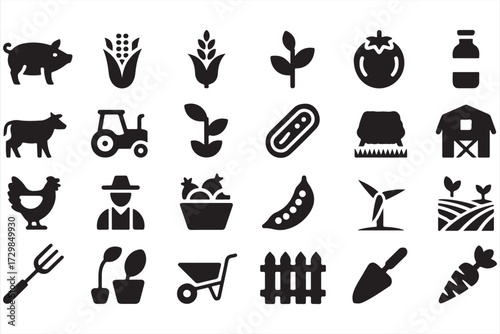 Collection of farm and agriculture icons including pig, cow, tractor, barn, farmer, crops, vegetables, wind turbine, and rural farming symbols in black silhouette vector design