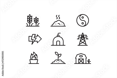 Vector agriculture and eco icons including seedling, power, yin yang, and soil environment design