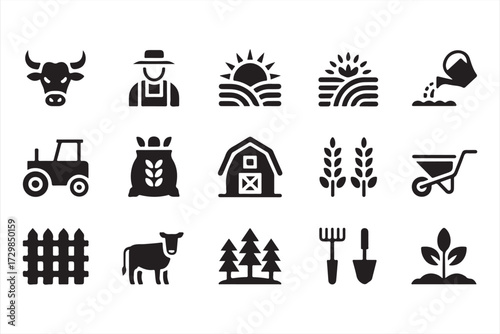Farming icons set with tractor, barn, livestock, wheat, and soil cultivation in silhouette style