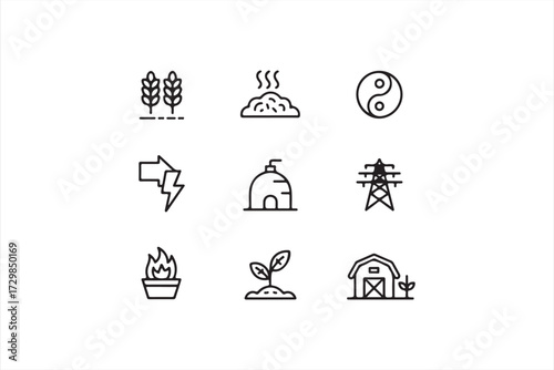 Farm and energy icon set with barn, crops, electricity, fire, and sustainability outline symbols