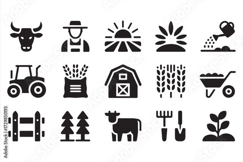 Agriculture vector collection of barn, sunrise, crops, and livestock symbols for eco farm design