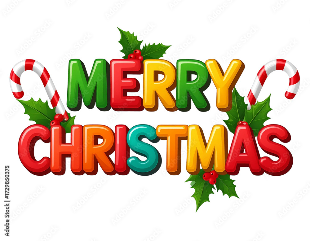 Fototapeta premium Merry Christmas Typography with Candy Canes and Holly, Transparent PNG