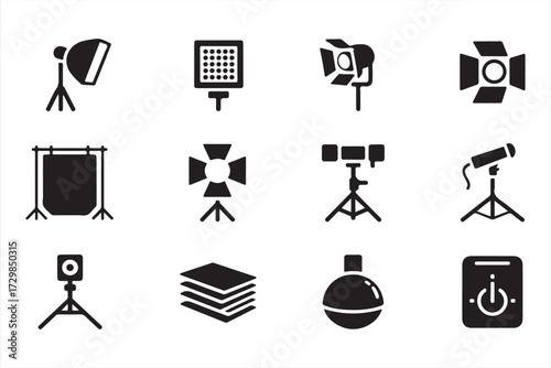 Black silhouette photography equipment icons showing studio lamps, backdrop, and reflectors