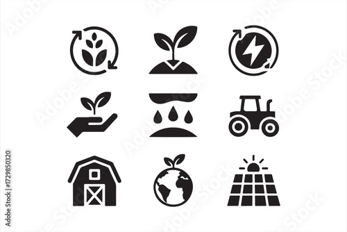 Sustainable farming and eco agriculture icons set with renewable energy, barn, and plant growth