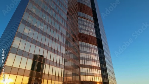 Modern skyscraper reflecting sunset sky