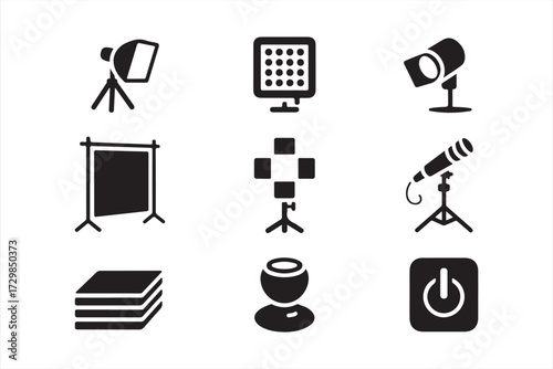 Camera and photography studio icons pack with lighting, background, and recording design elements