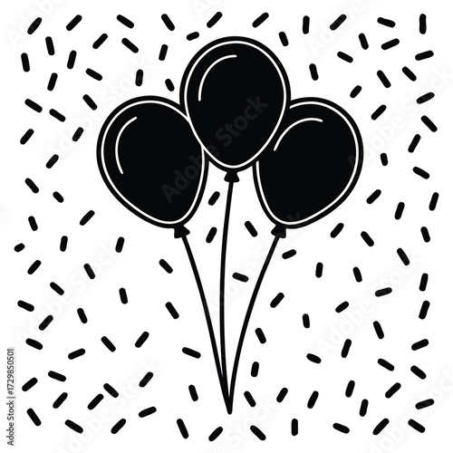 A black silhouette of confetti and balloons