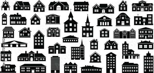Black and white house silhouettes, vector icons set for architecture, real estate, urban design, and property illustration templates