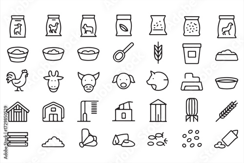 Agriculture icon collection with animal feed, barns, and grain storage silo in outline vector design