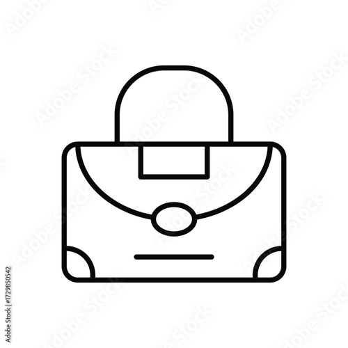 A minimalist line drawing of a structured handbag featuring a flap closure with an oval accent a handle and rounded corners
