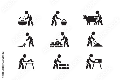 Farm labor and agriculture worker icons set showing rural tasks, planting, and animal feeding