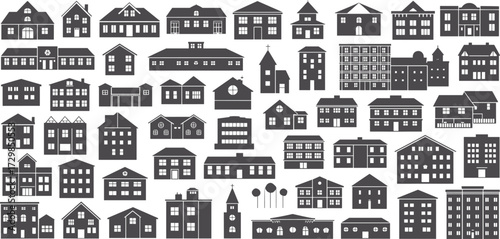 Black and white house silhouettes, vector icons set for architecture, real estate, urban design, and property illustration templates