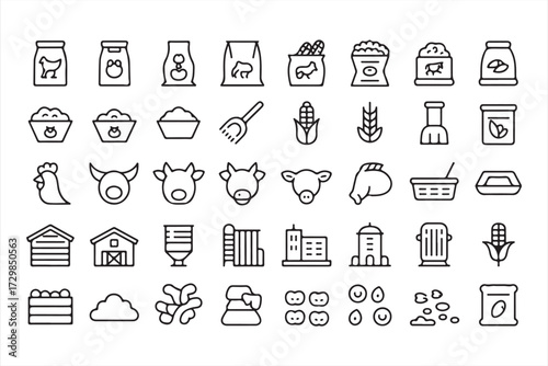 Collection of farm and livestock icons including goats, chickens, barns, feed bags, tools, and agriculture elements in outline vector design for rural and eco farming concepts