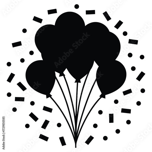 A black silhouette of confetti and balloons