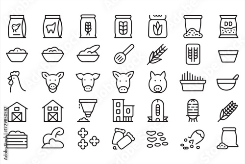 Animal feed icon set with livestock, barns, seeds, and rural farming agriculture vector elements