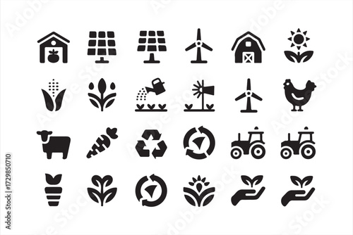 Eco farming and sustainability icons set with barn, tractor, crops, and renewable energy symbols