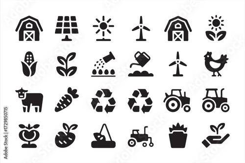 Eco farming and sustainability icons set with barn, tractor, crops, and renewable energy symbols