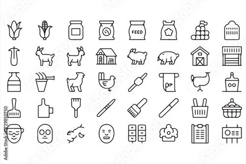 Collection of farm and livestock icons including goats, chickens, barns, feed bags, tools, and agriculture elements in outline vector design for rural and eco farming concepts