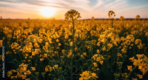Golden sunset over a vibrant field of rapeseed