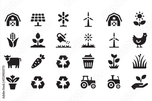 Eco farming and sustainability icons set with barn, tractor, crops, and renewable energy symbols