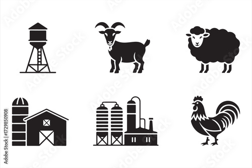 Agriculture icon pack with farm animals, silos, barn, and water tower in rural farming design