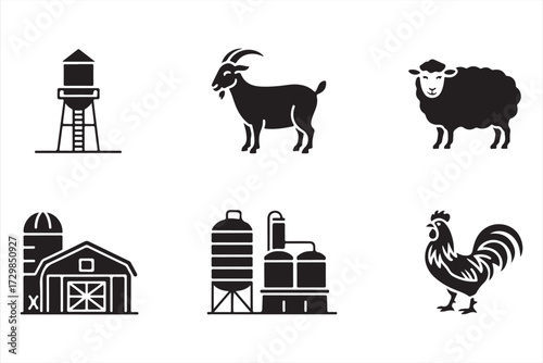 Vector livestock silhouette collection including goat, sheep, and poultry with farm barn elements